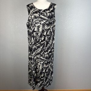 Hilo Hattie Women Hawaiian Midi Dress 1X Plus Black Beige Leaf Floral Sleeveless